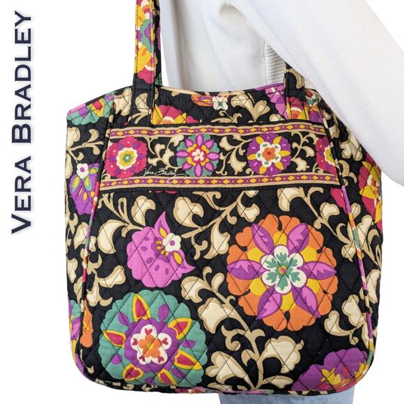 Vera Bradley Shoulder Tote Bag Bold Black Multicolor Boho Floral Quilt Festival - Picture 1 of 12